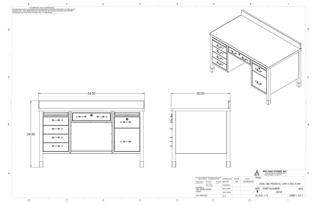 Technical drawing of a desk, showing front, side, and isometric views with dimensions in millimeters.