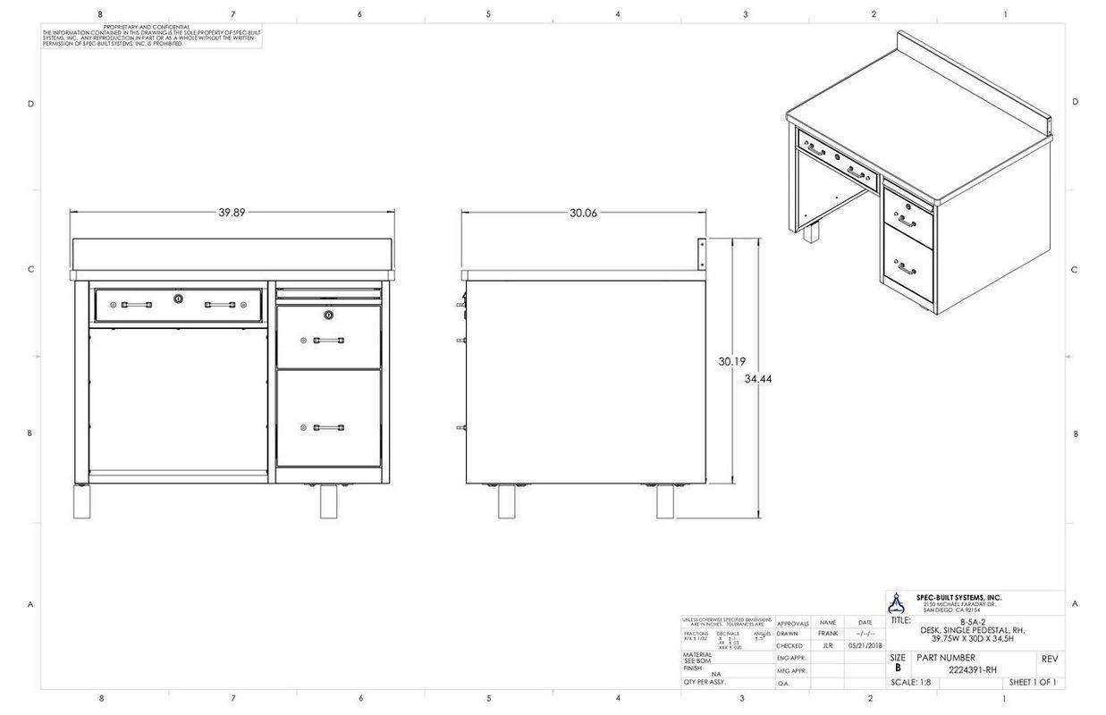 Technical drawing of a desk with drawers, including front, side, and isometric views with labeled dimensions.