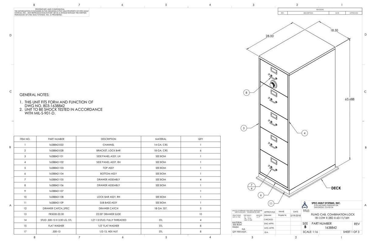Engineering drawing of a tall, multi-drawer cabinet with labeled dimensions and parts list.