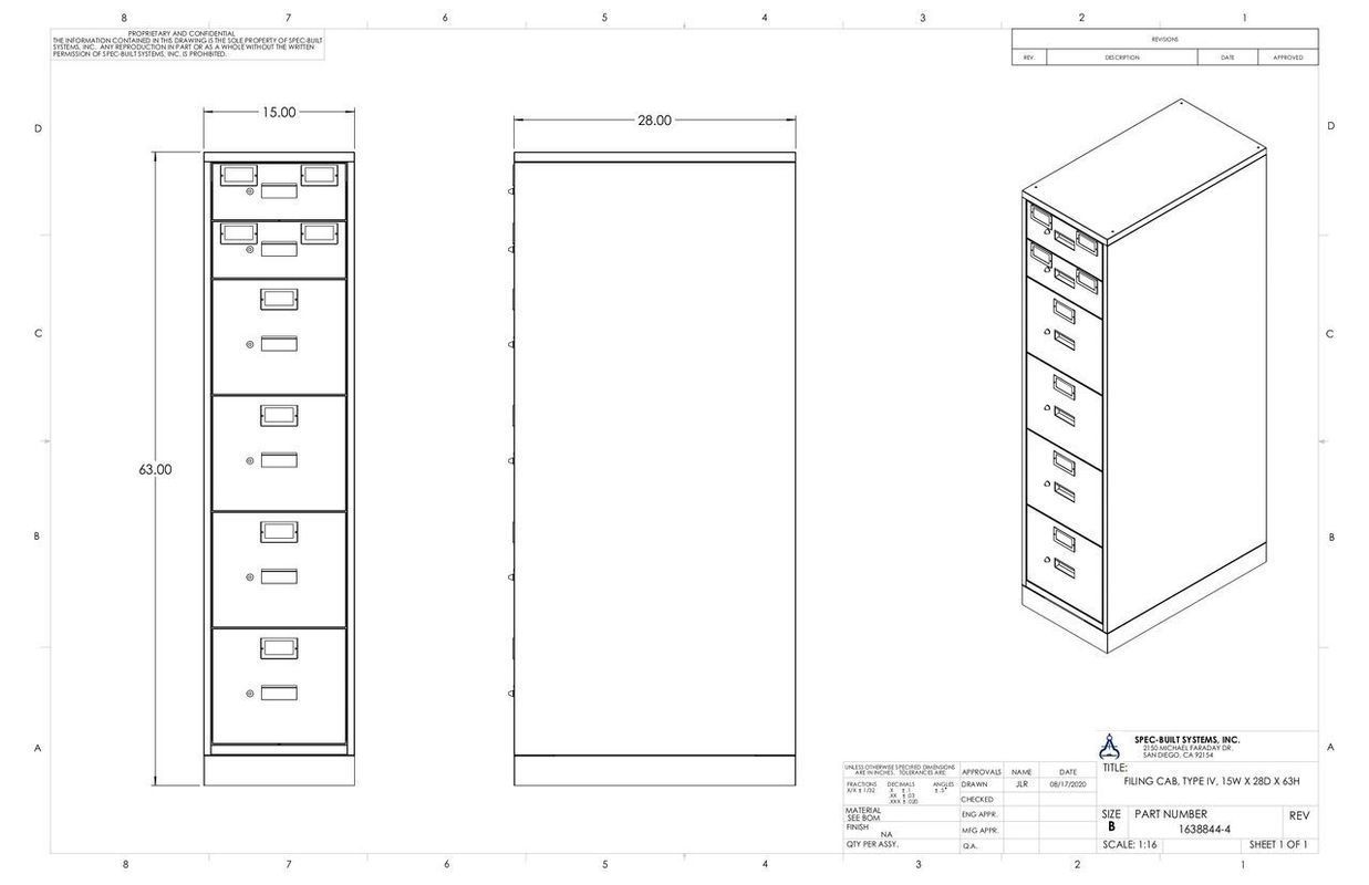 Blueprint of a vertical filing cabinet showing front, side, and isometric views with dimensions labeled.