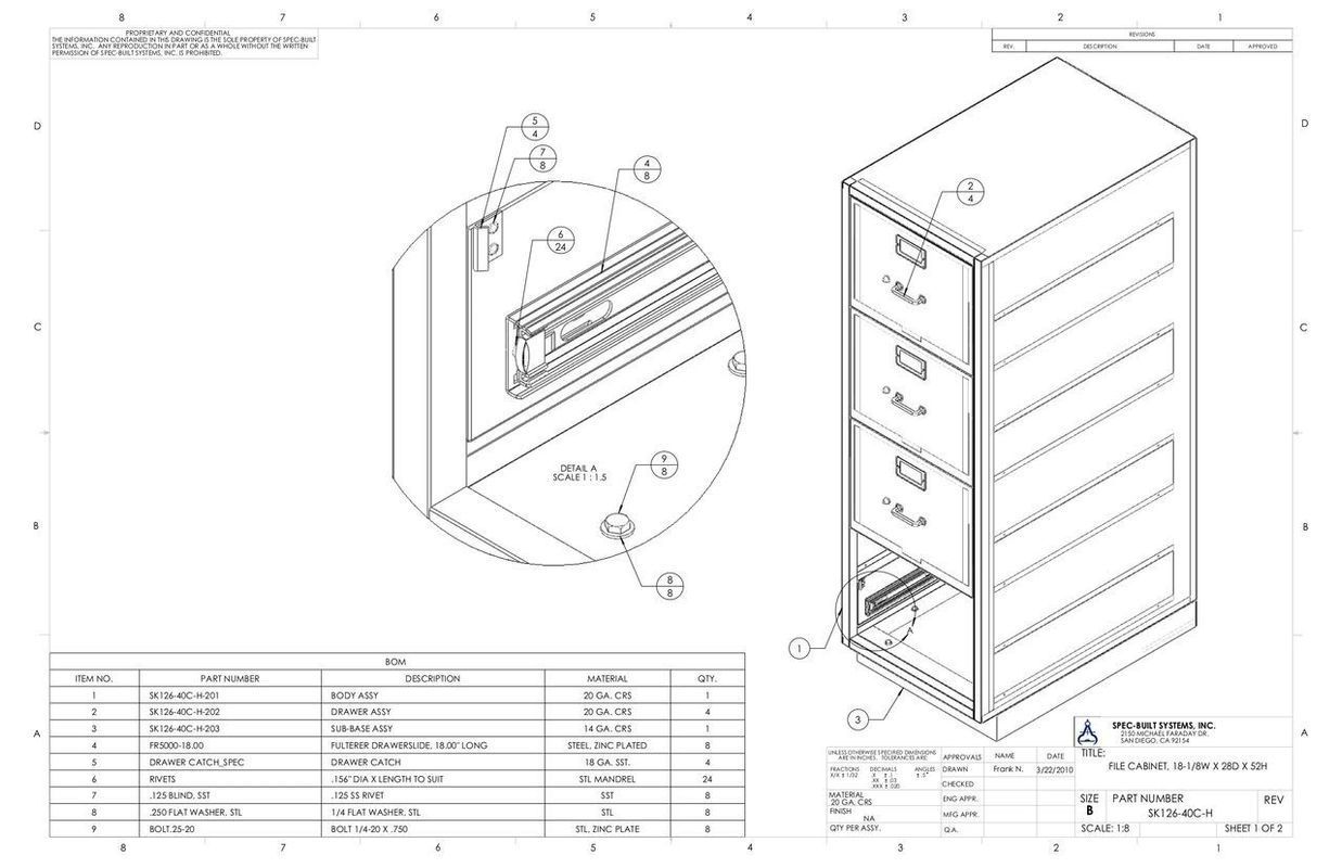 Isometric view of a four-drawer filing cabinet with an inset view showing screw details and a parts list in the corner.
