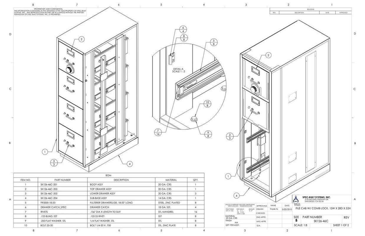 Isometric and exploded view engineering drawing of a cabinet with parts list, featuring various structural components.