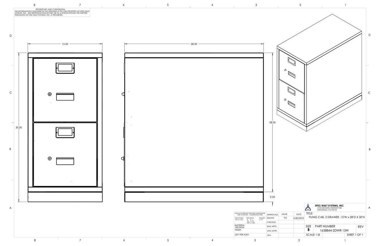 Three-view technical drawing of a two-drawer filing cabinet with dimensions labeled.