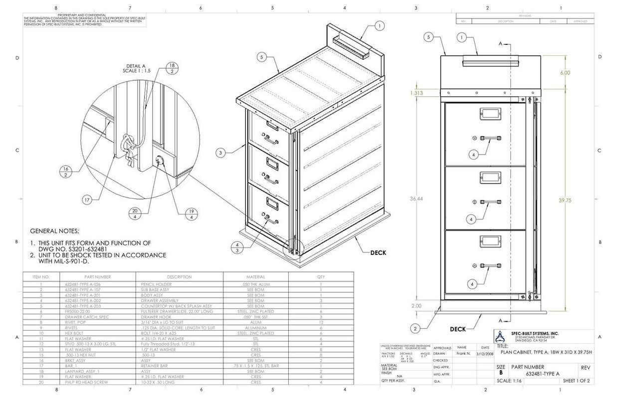 Technical drawing of a three-drawer filing cabinet with detailed sectional views and a parts list.