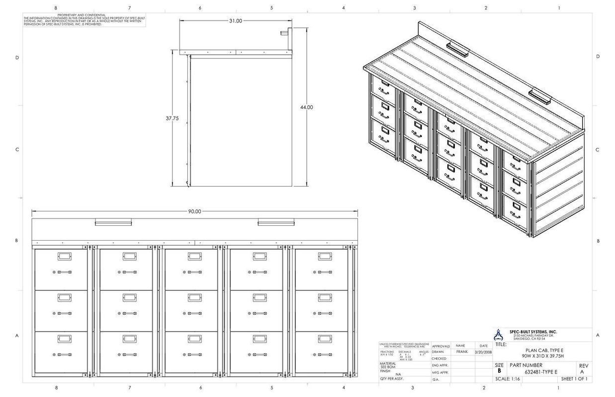 Technical drawing of a five-drawer storage unit, with dimensions and isometric view.