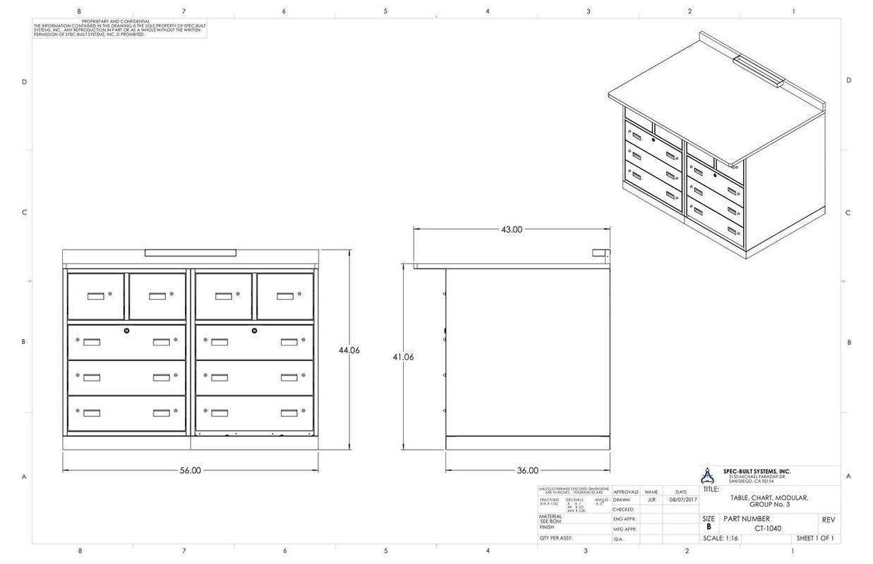 Technical drawing of a six-drawer cabinet showing front, side, and isometric views with dimensions in millimeters.