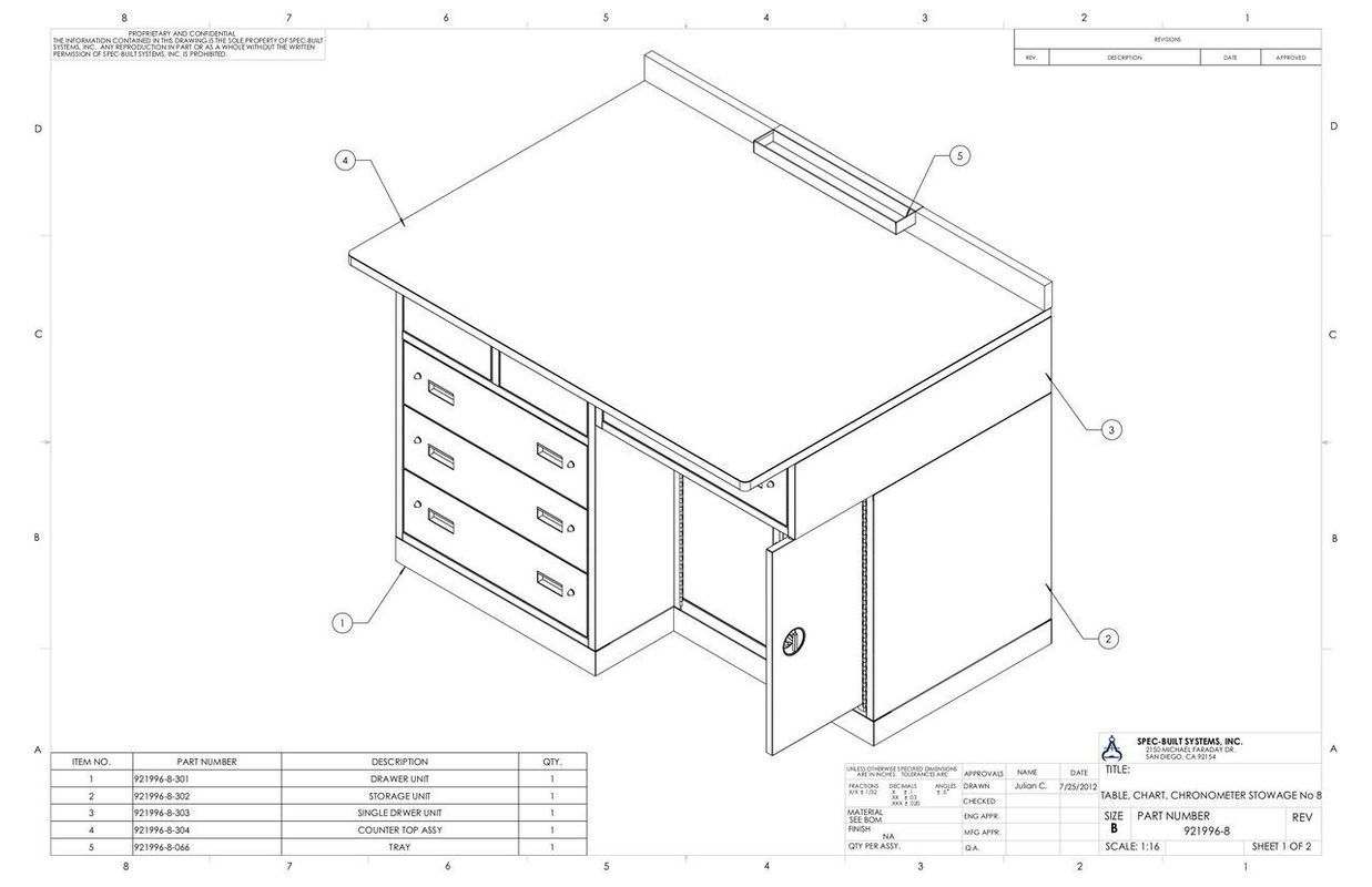 Isometric drawing of a workbench with drawers, a cabinet, and a back shelf.