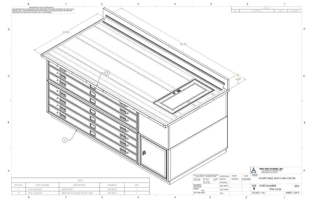 Isometric view of a metal workbench with drawers, a door, and a recessed area on top.