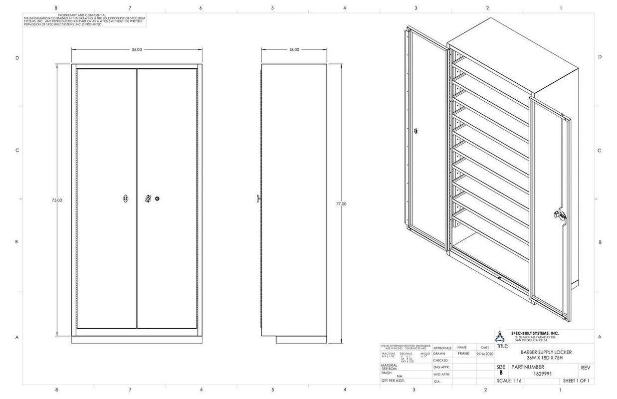 Diagram of a cabinet with doors. Front, side, and isometric views show dimensions and interior shelves.