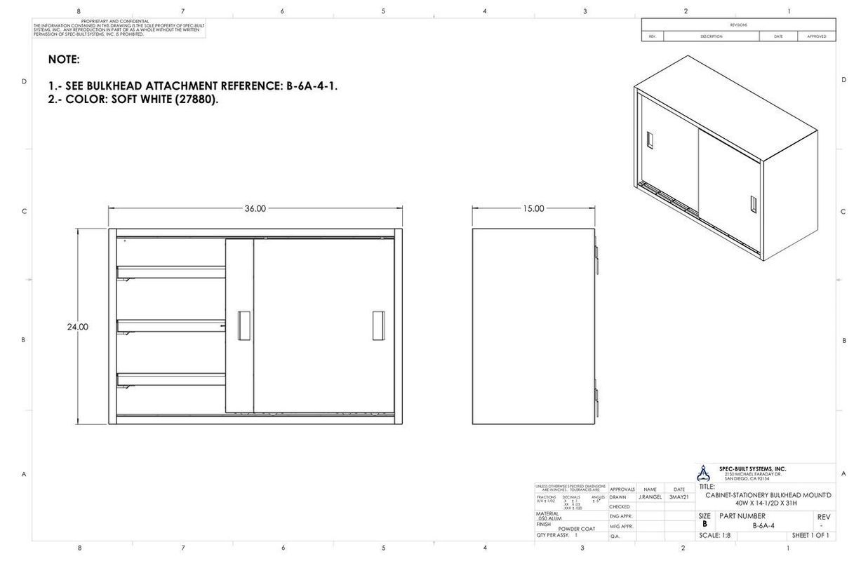 Blueprint of a cabinet with sliding doors, showing front, side, and isometric views with dimensions.