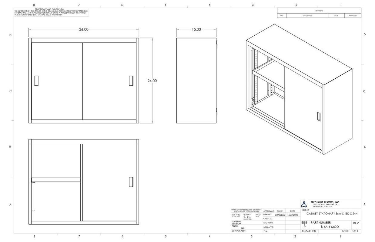 Engineering drawing: cabinet with sliding doors, showing front, side, and isometric views with dimensions labeled.
