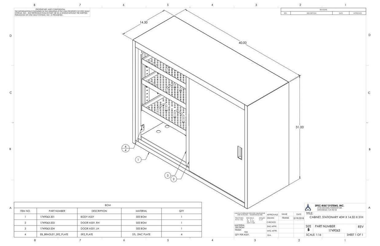 Isometric view of a metal cabinet with sliding door, containing shelves, on a blueprint.