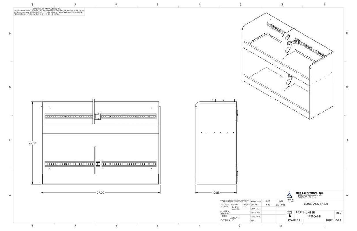 Technical drawing of a rectangular cabinet with shelves, showing front, side, and isometric views.
