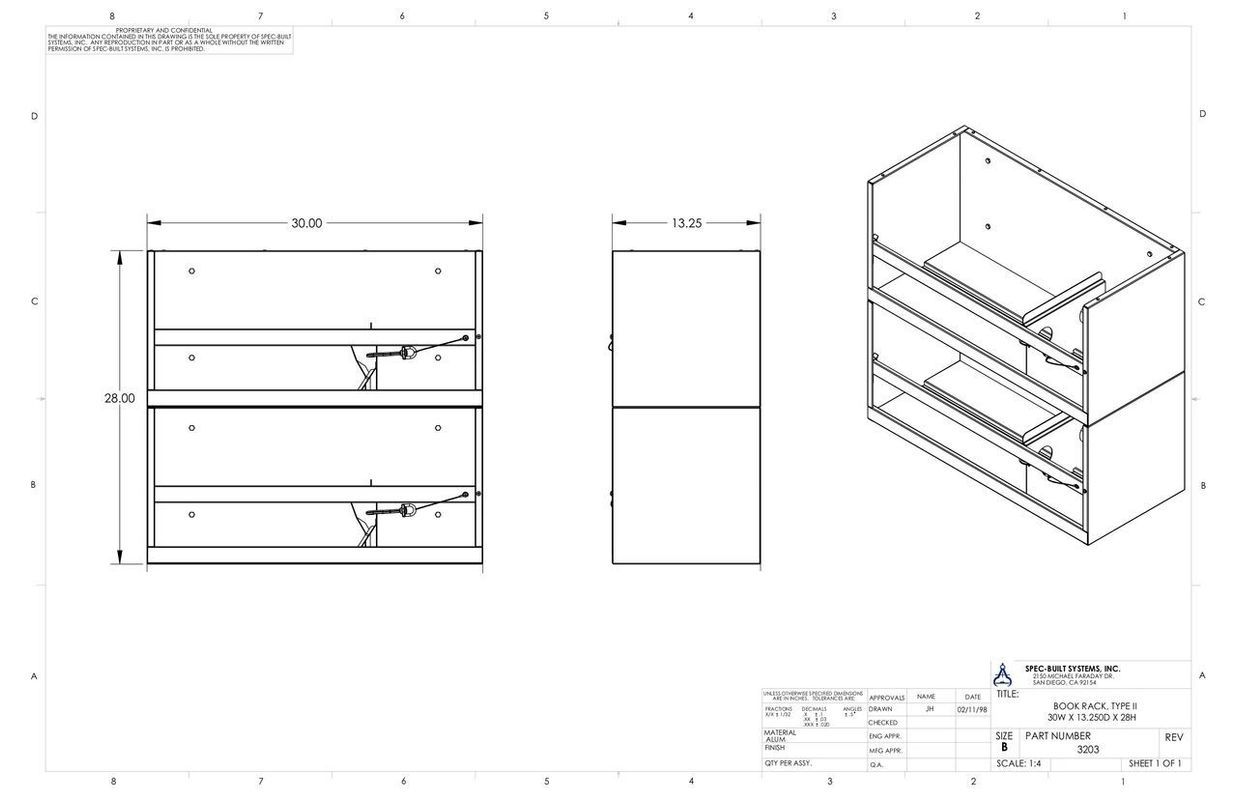 Technical drawing of a three-shelf cabinet, with front, side, and isometric views. Dimensions labeled.