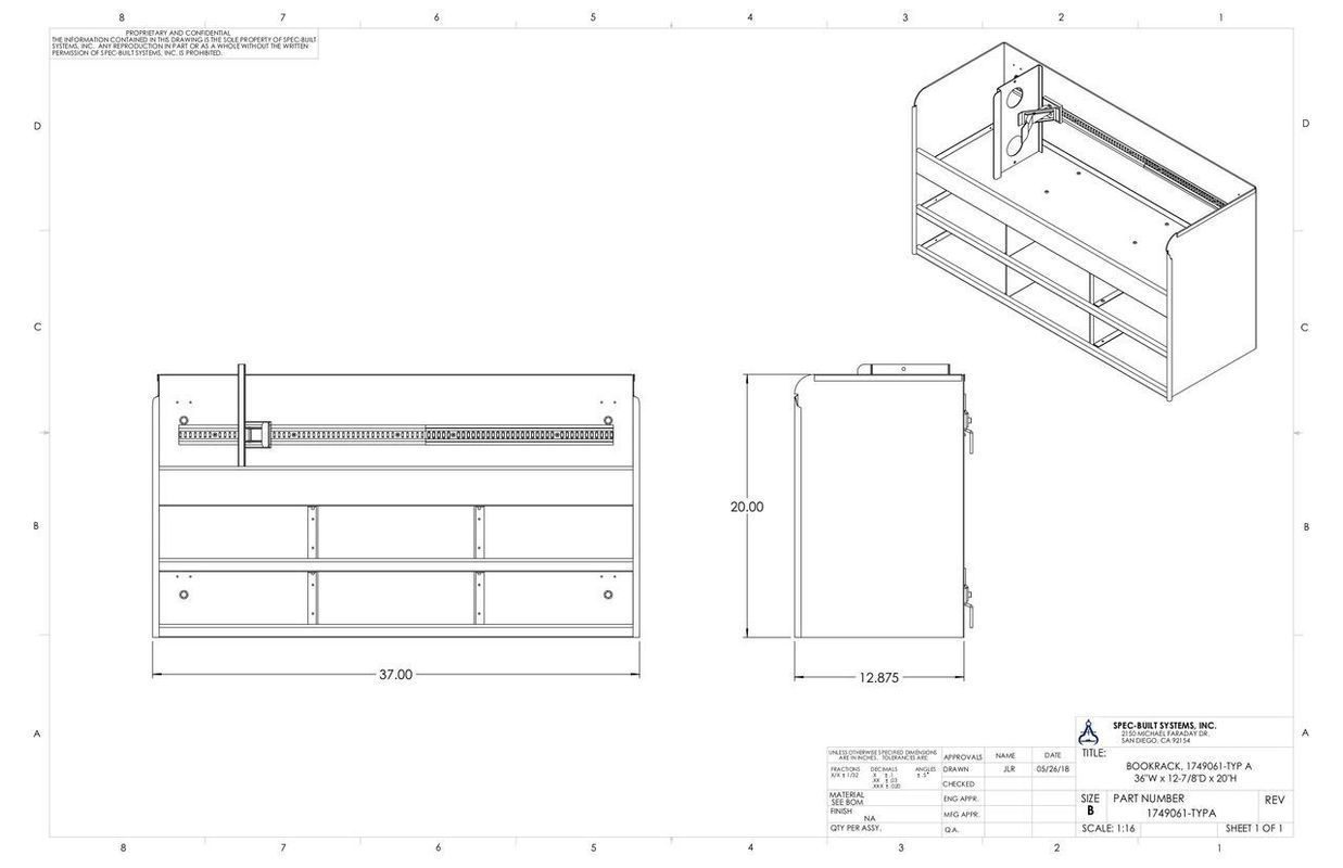 Technical drawing of a cabinet with dimensions and an isometric view. The cabinet has drawers and a top section.