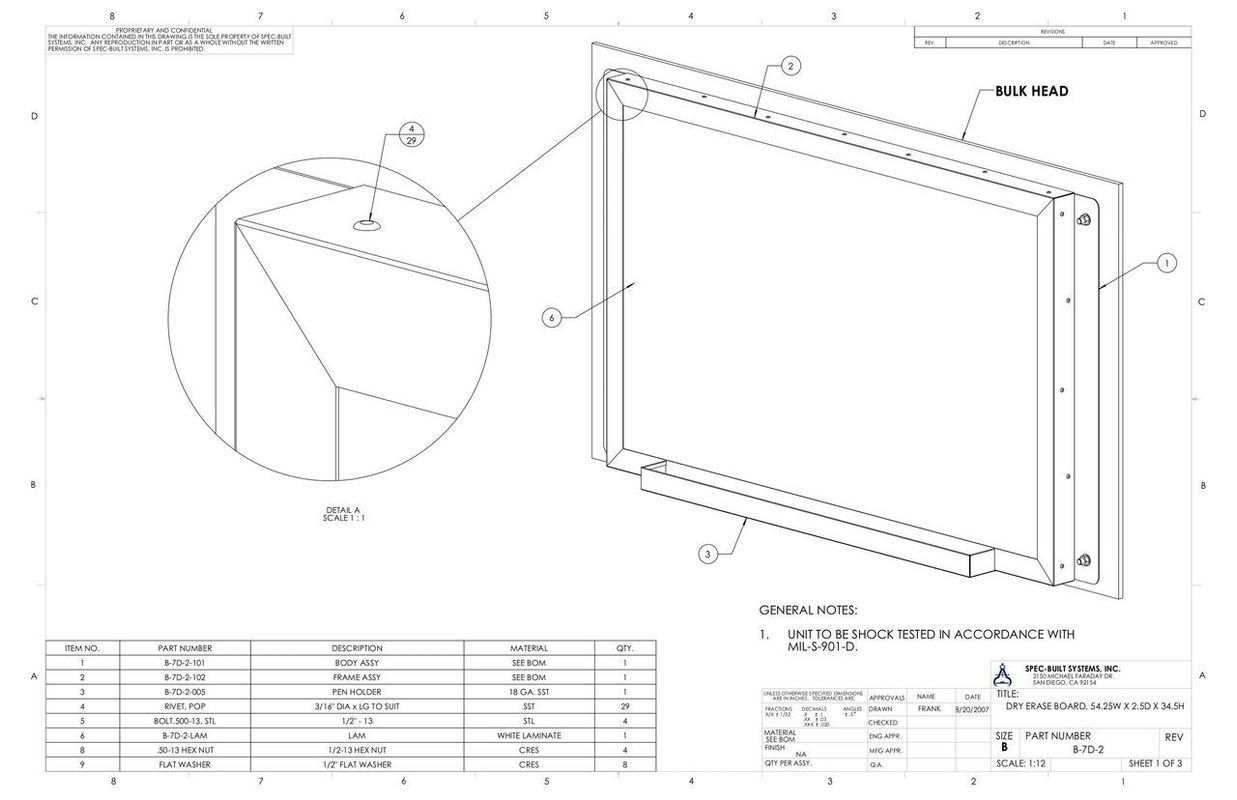 Isometric view of a metal frame with a detailed, zoomed-in section showing corner construction and a parts list.