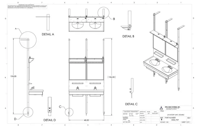Detailed technical drawing of a double sink bathroom vanity, with dimensions and part details.