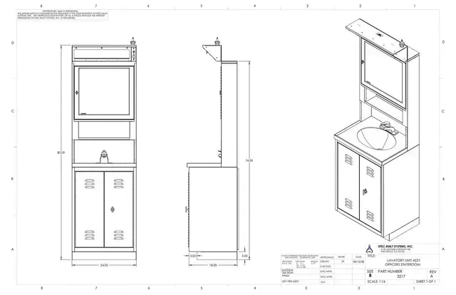 Technical drawing of a bathroom vanity with a mirror, sink, and cabinet. It is rendered in a black and white perspective.