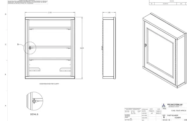 Technical drawing of a wall-mounted cabinet, showing front, side, and isometric views with dimensions.