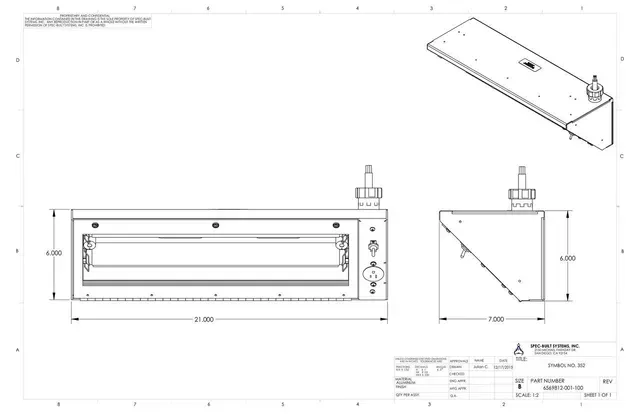 Technical drawing of a rectangular metal device with labeled dimensions and angled support structure.