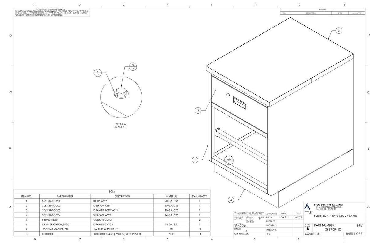Isometric view of a cabinet with two drawers and a detailed circular drawing of a hardware component.