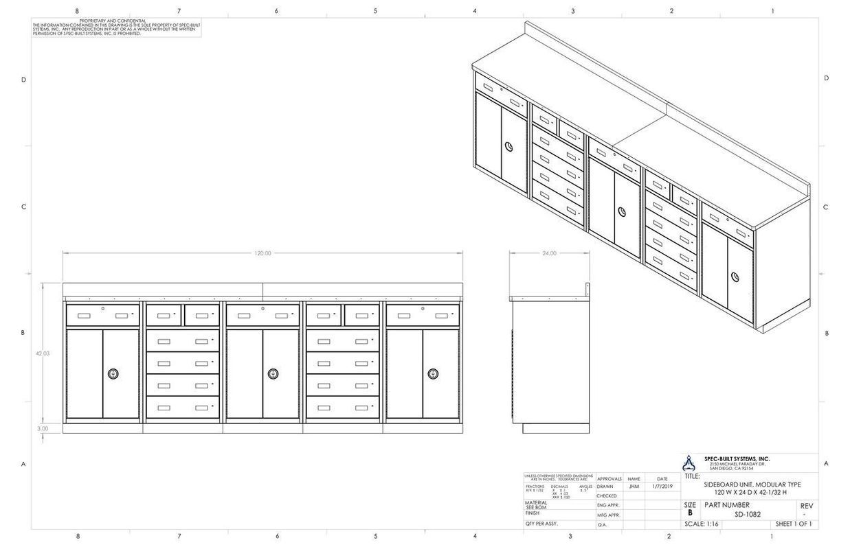 Blueprint of a long cabinet with drawers and doors, shown in both elevation and isometric views.