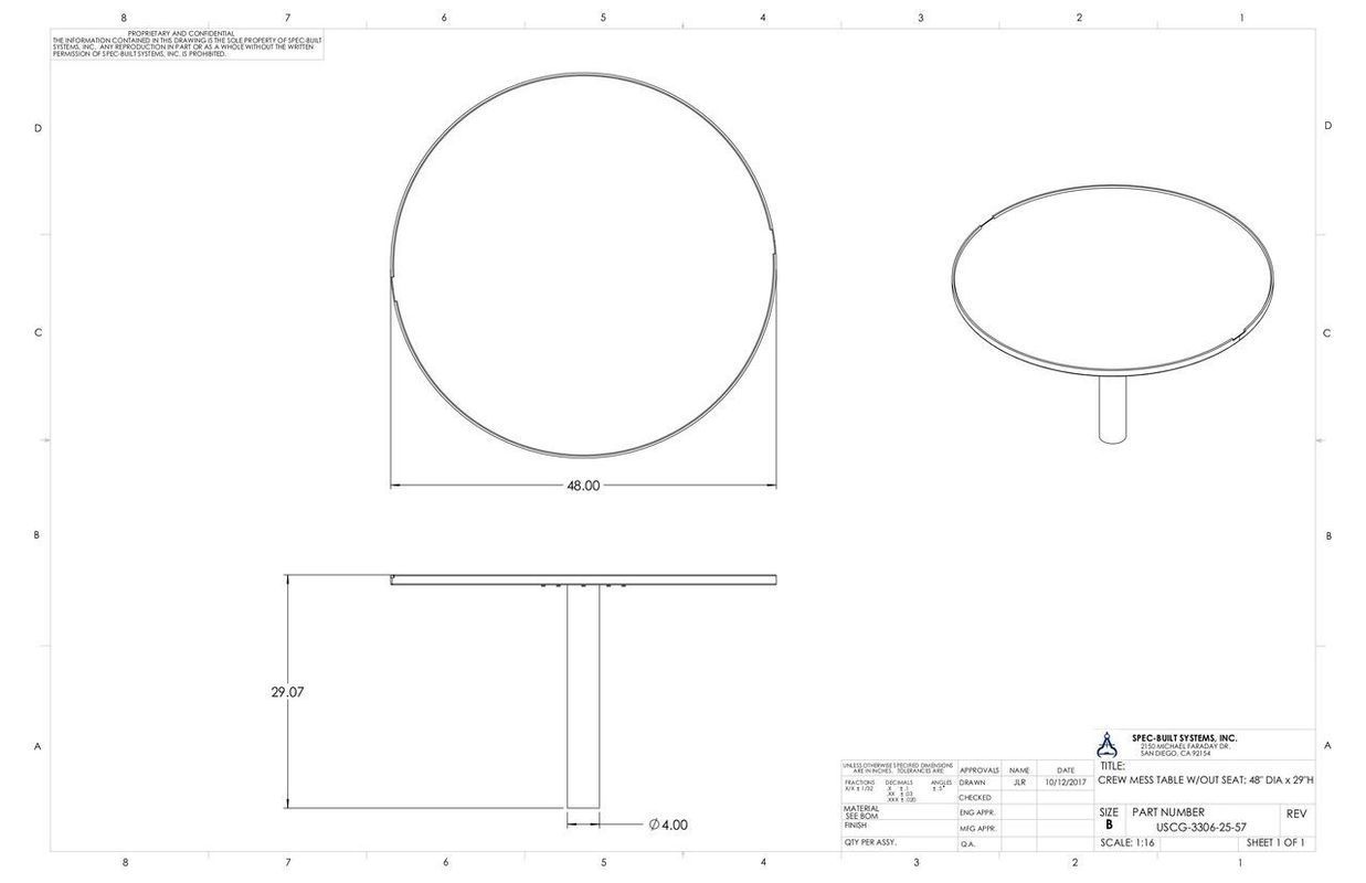 Technical drawing of a circular table, showing top, side, and front views with dimensions.