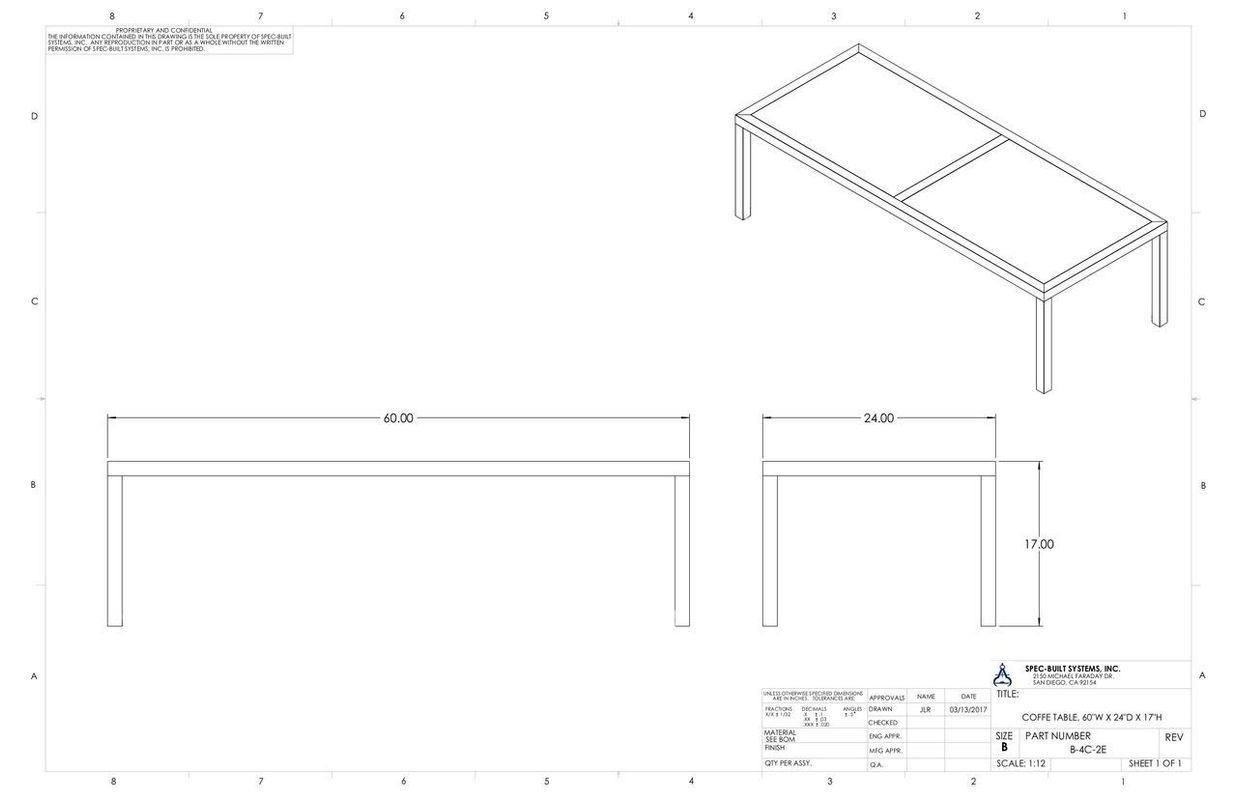 A technical drawing of a rectangular table. It shows top, side, and isometric views with dimensions in a grid background.