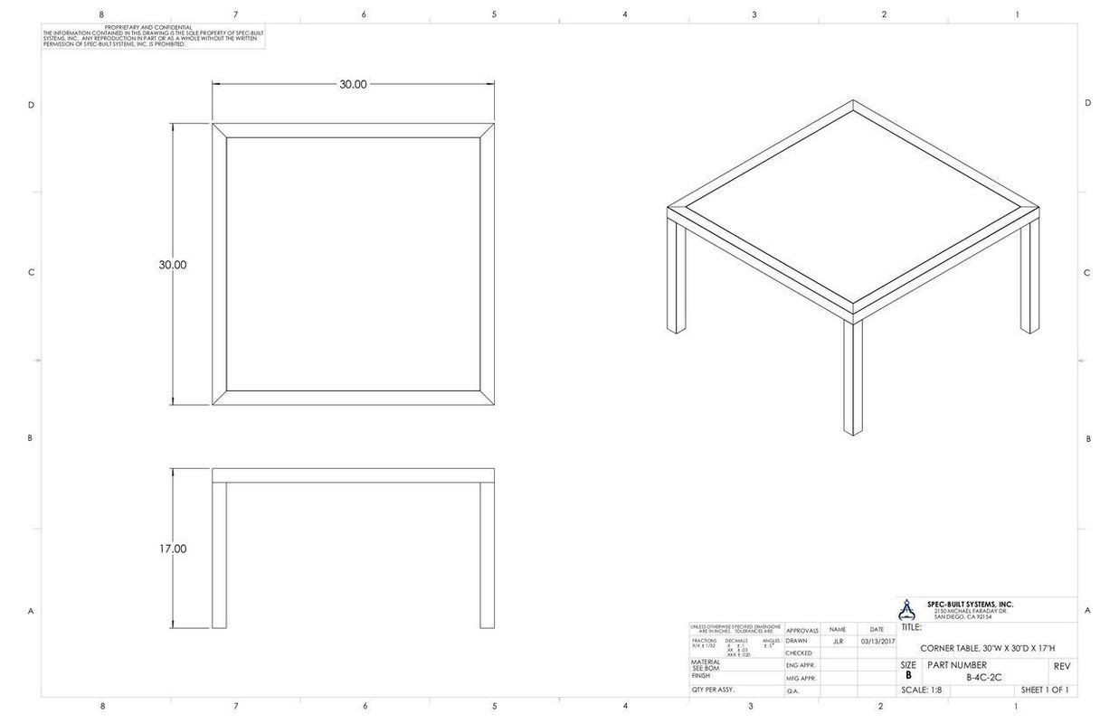 Blueprint of a square table, showing top view, side view, and isometric view with dimensions: 32.54 x 32.54. Legs are cylindrical.