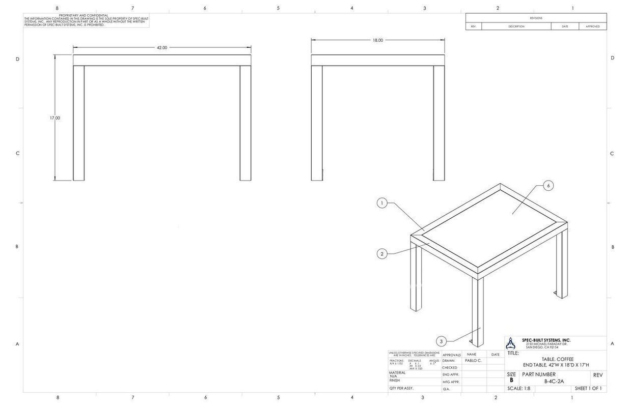 Engineering drawing of a table, displaying front, side, and isometric views with dimensions and labels.