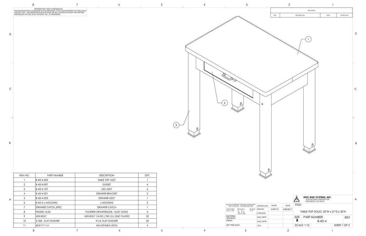 Isometric drawing of a table with a drawer, labeled components, and a parts list in a technical blueprint format.