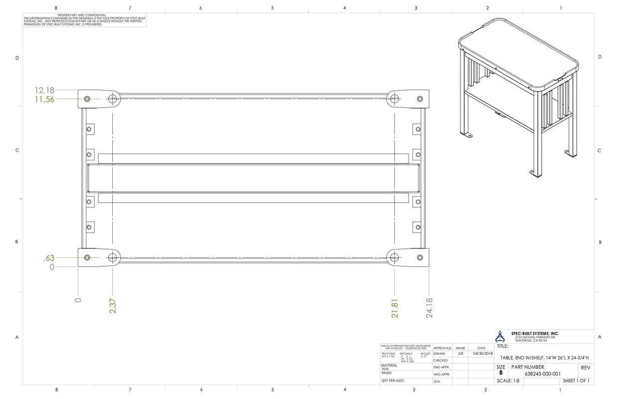 Engineering drawing of a metal table, with top-down view and isometric projection. Dimensions and labels are included.