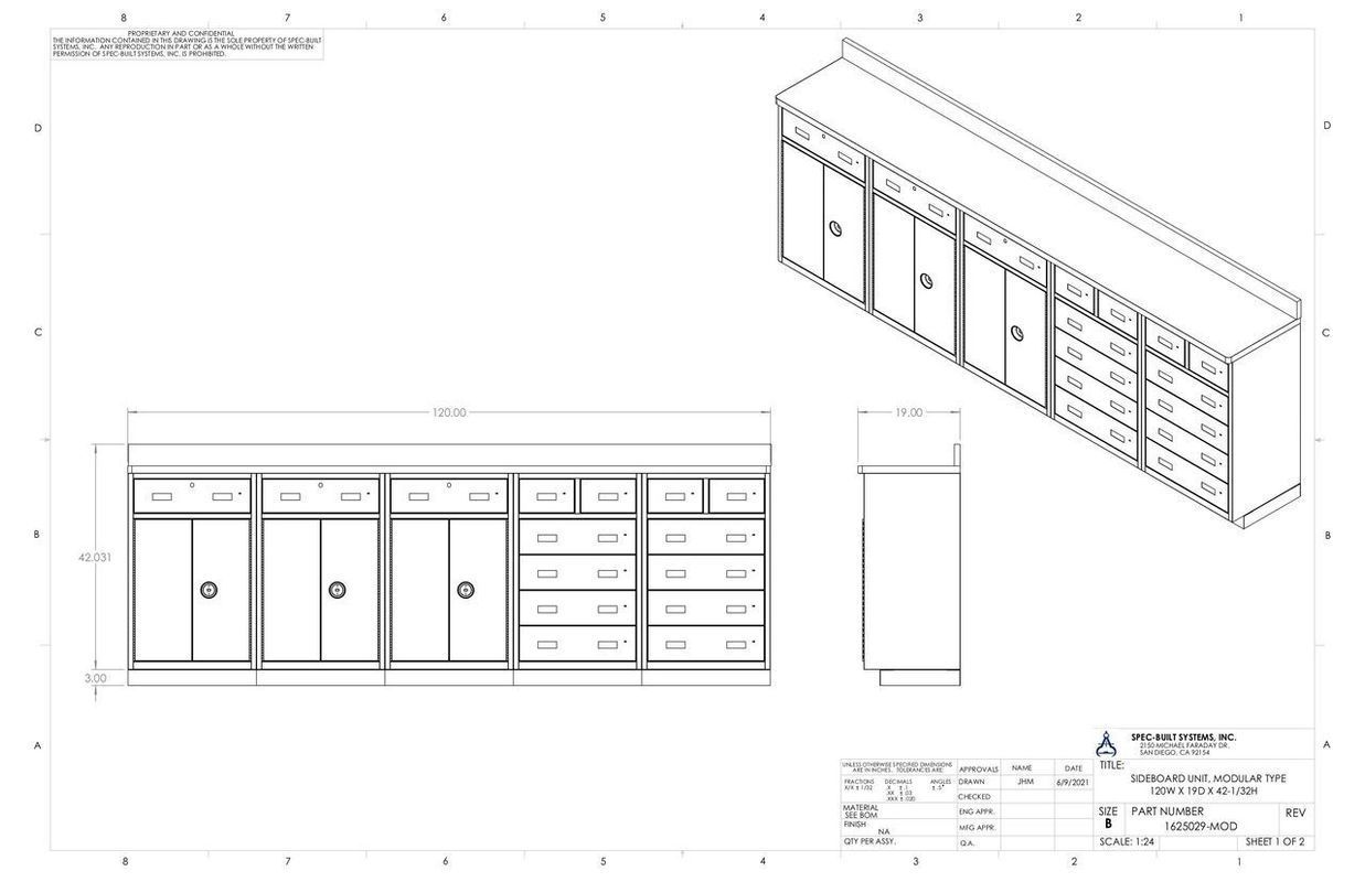 Cabinet blueprints: front and isometric views with dimensions; includes drawers and doors.