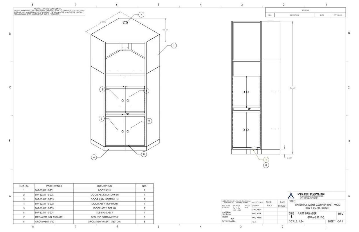 Architectural drawing of a tall, multi-level cabinet with doors and shelves; isometric and side views.