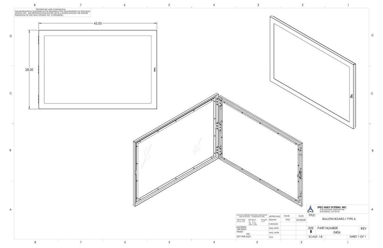 Diagram of a rectangular frame from three different angles, with dimensions labeled on the top-down view.