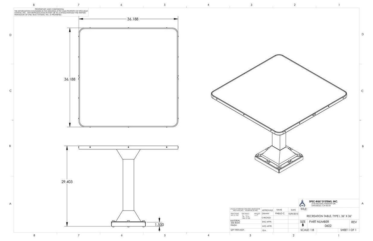 Blueprint of a square table, showing top view, side view, and isometric view with dimensions.