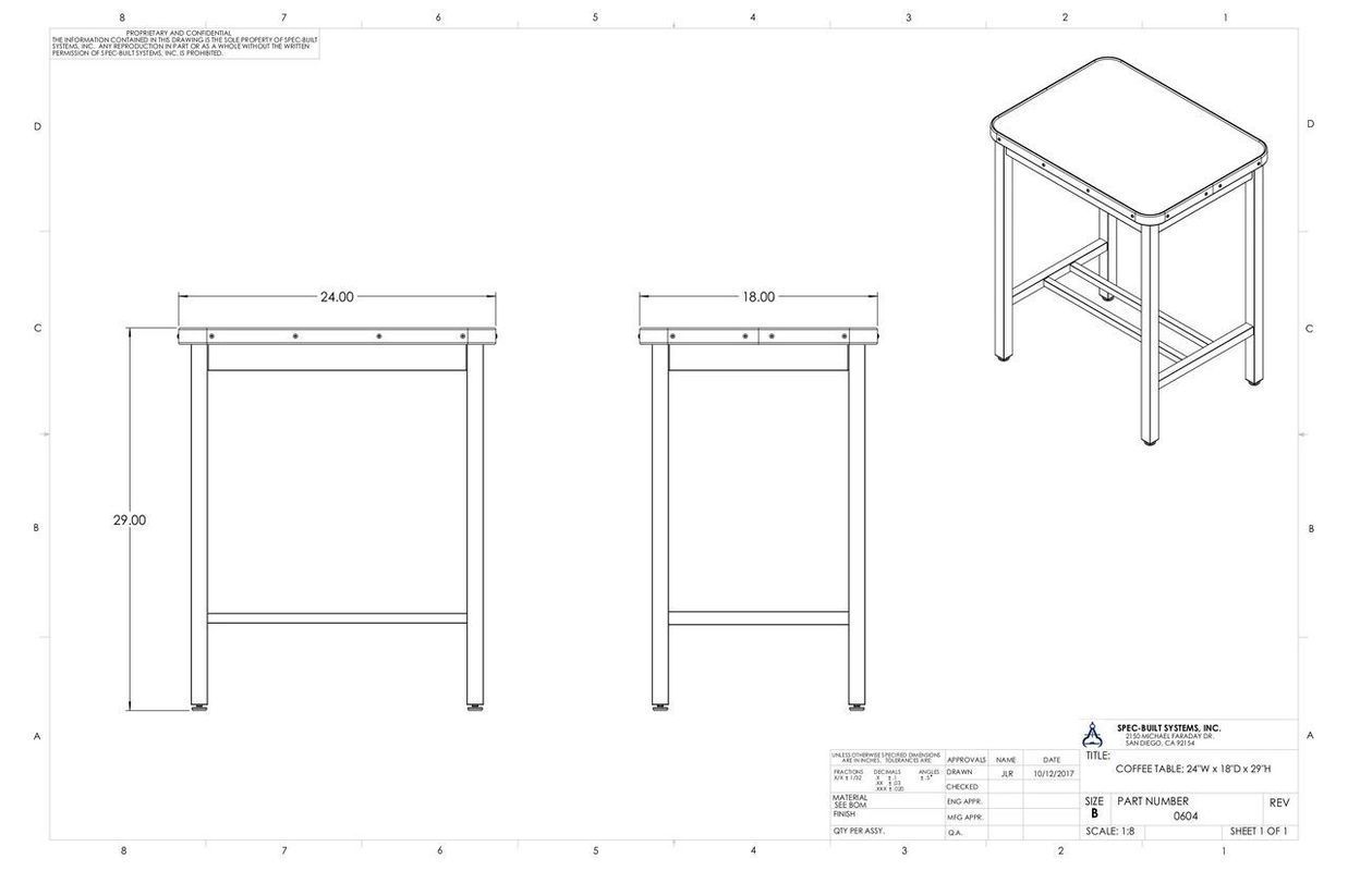 Technical drawing of a small table with dimensions labeled in a top view, front view, and isometric view.