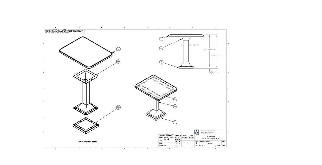 Diagram of a square table with exploded and assembled views, showcasing the base, column, and tabletop components.