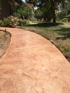 A concrete walkway leading to a house in a yard.