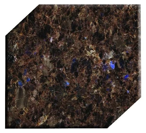 Dark polished granite slab with blue and brown flecks, clipped corner shape