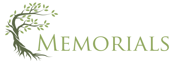 Green memorials logo with a stylized tree and leaves forming the letter M