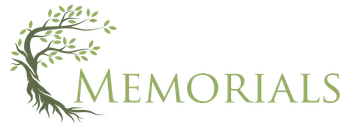 Green memorials logo with a stylized tree and leaves forming the letter M
