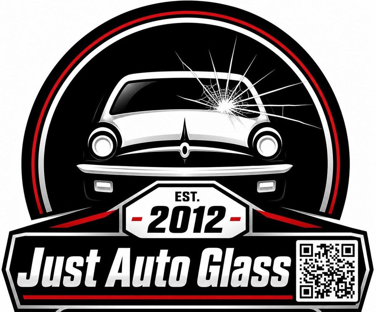 Just Auto Glass logo with white car, red accents, and &ldquo;EST. 2012&rdquo; badge