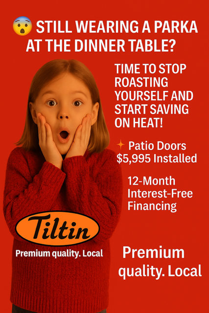 Ad for patio doors: Girl with surprised expression, text about saving on heat, price, and financing.
