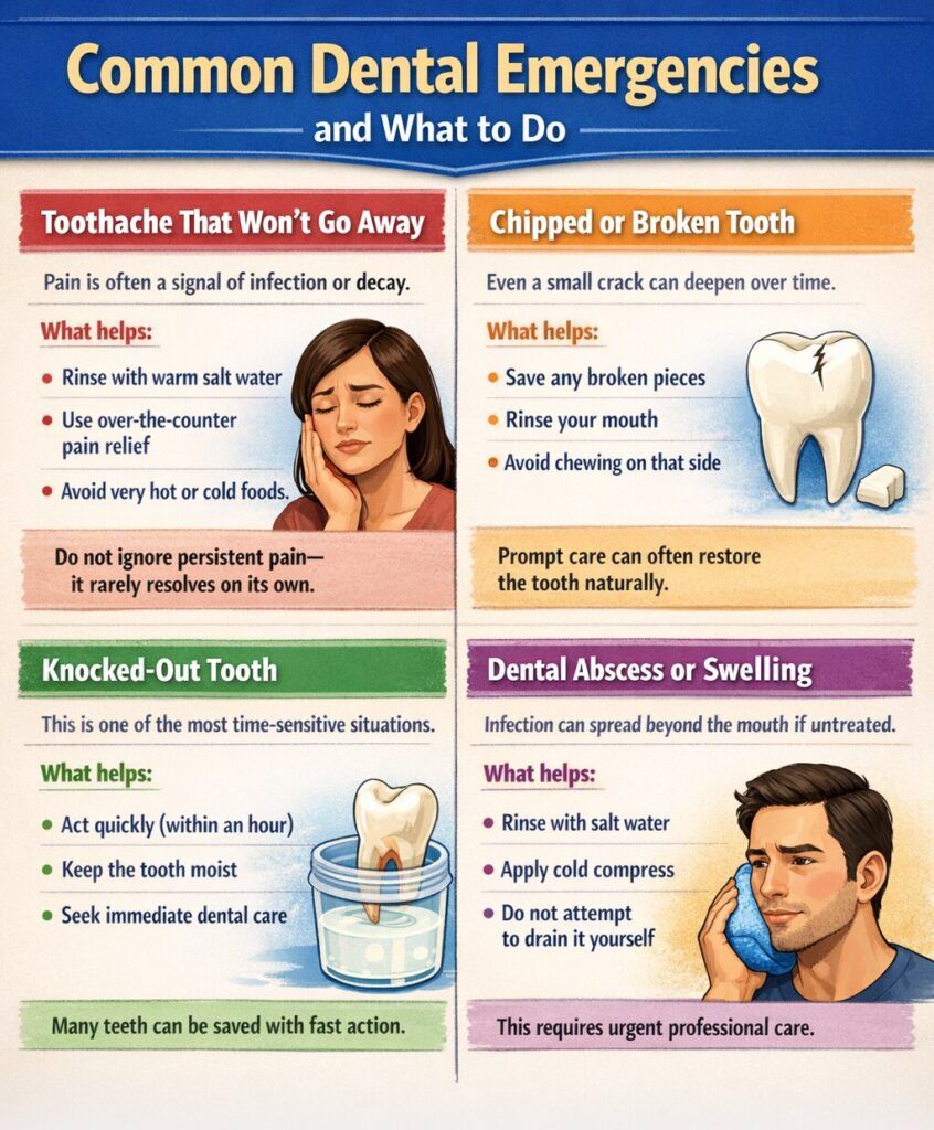Infographic on common dental emergencies, with sections for toothache, chipped tooth, knocked-out tooth, and swelling.