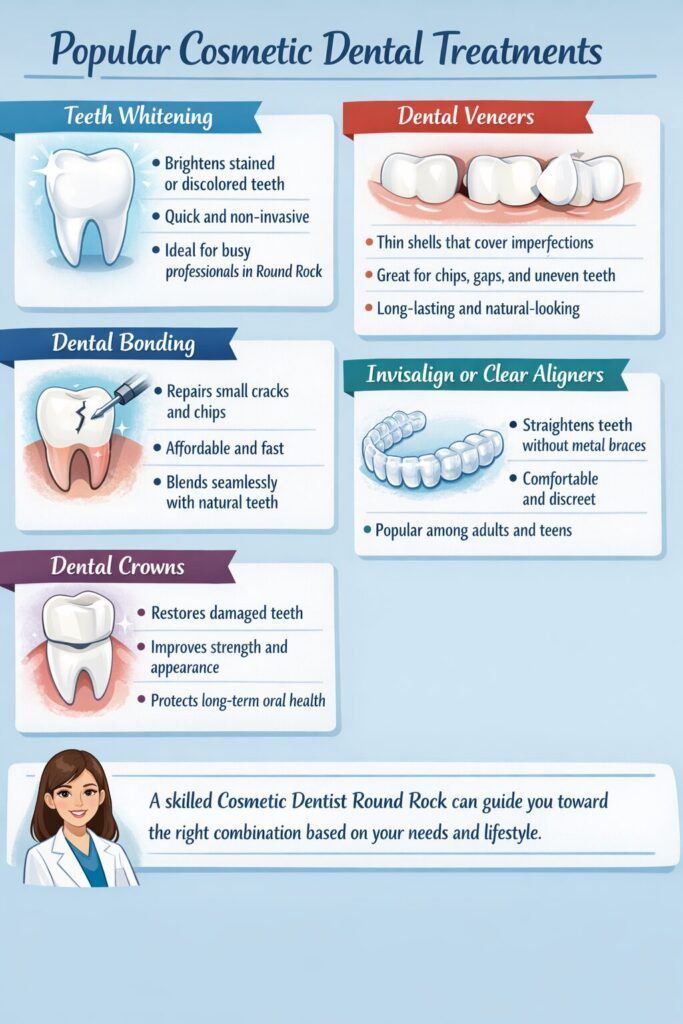 Infographic of popular cosmetic dental treatments with labeled illustrations and a dentist at the bottom.