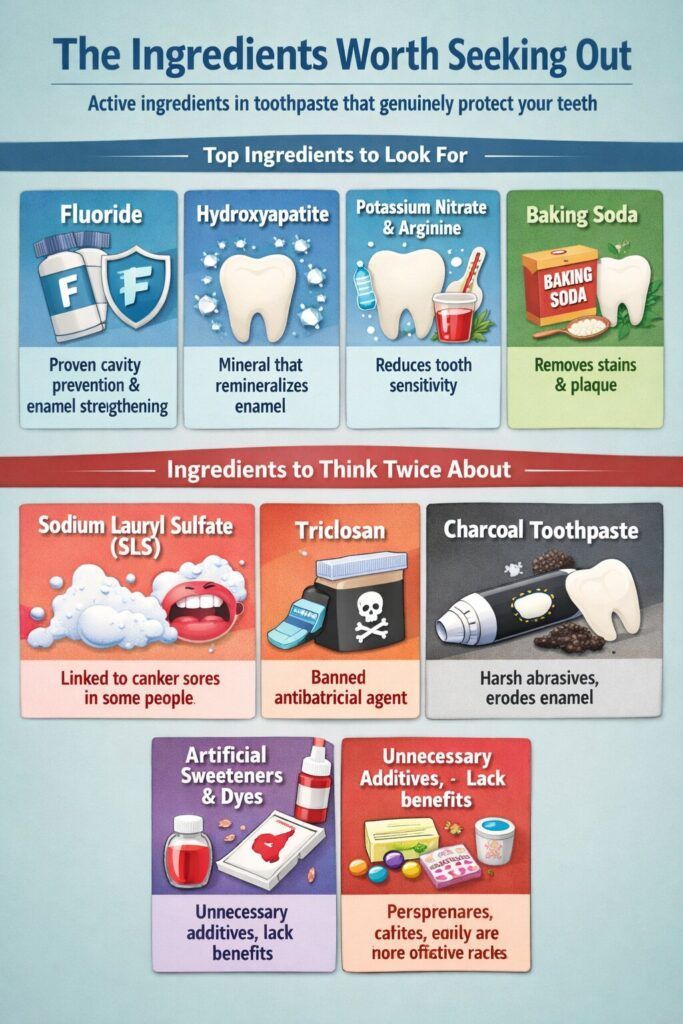 Infographic of cleaning ingredients: fluoride, hydrogen peroxide, baking soda, sodium lauryl sulfate, triclosan, control toothpaste, abrasive particles, preservatives.