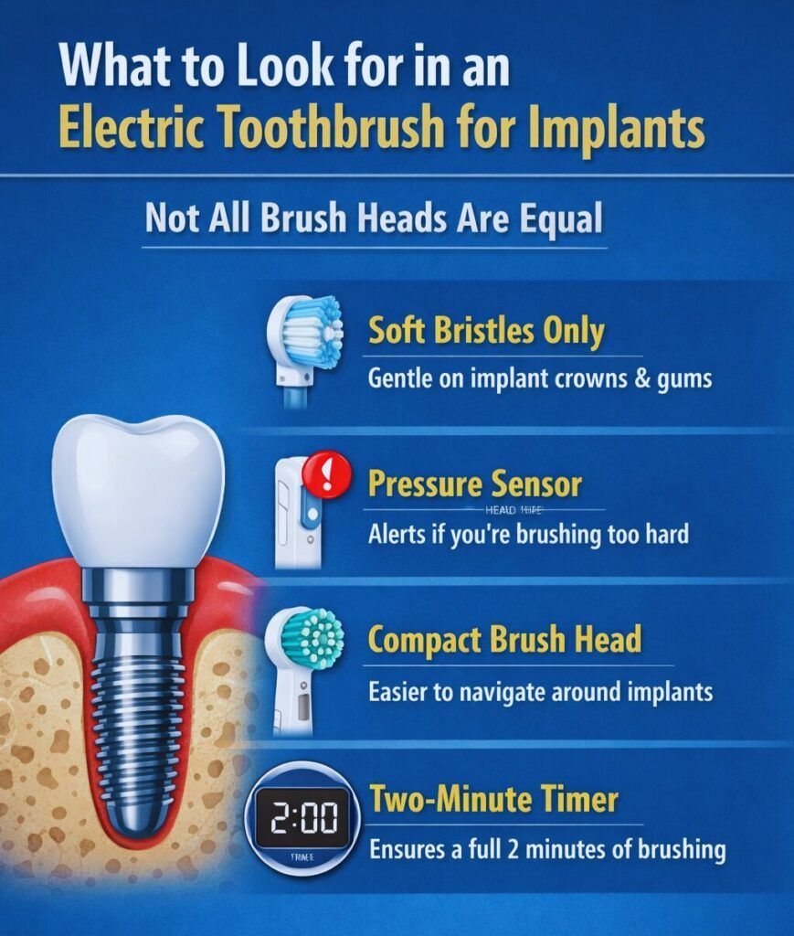 Infographic of electric toothbrush features for implants: soft bristles, pressure sensor, compact head, 2-minute timer