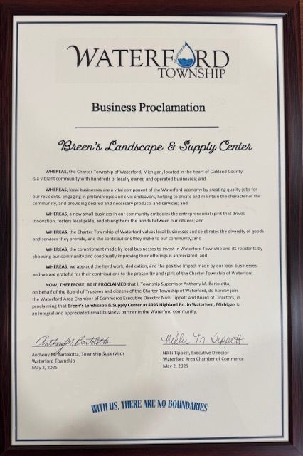 A framed business proclamation from waterford township