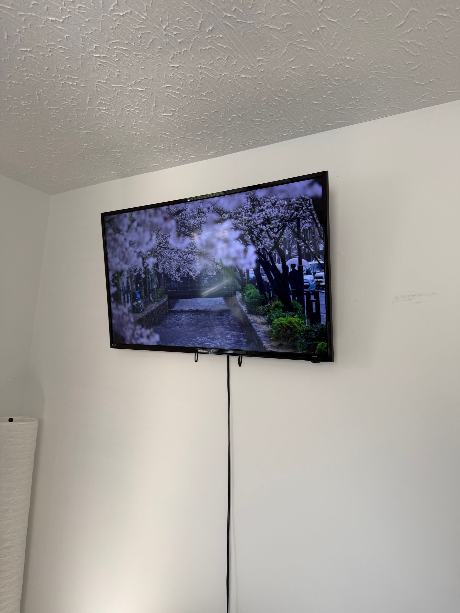 A flat-screen television mounted on a white wall, displaying a nature scene with trees, with a power cord hanging down.